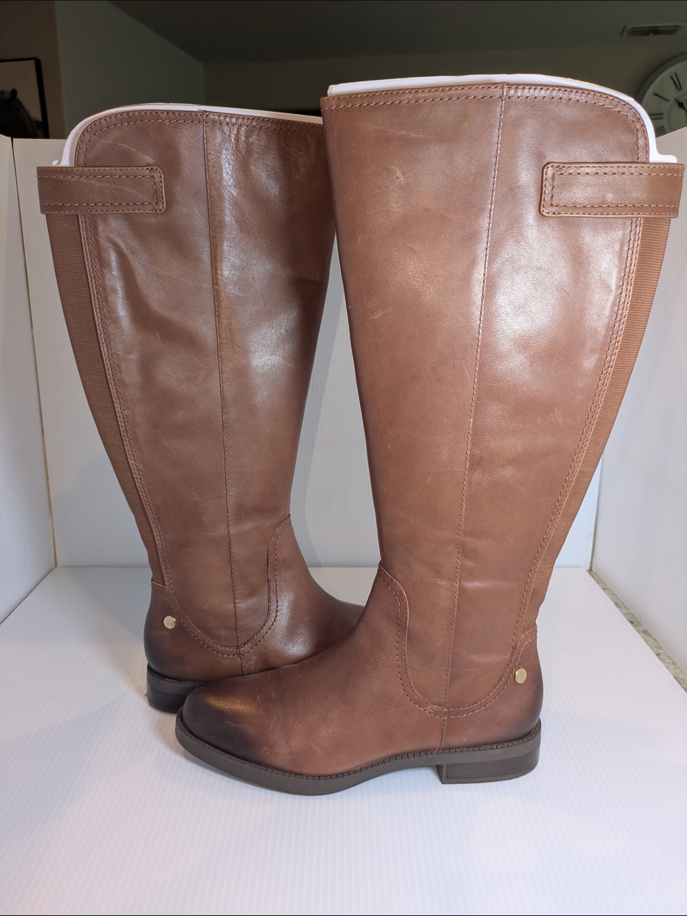 NWOB Preston & York Flannery Brown Tall Riding Boots Leather Stretch Back Size 7